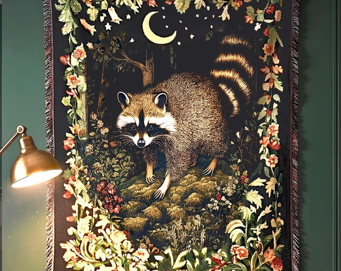 Raccoon Woven Tapestry Blanket, Retro Cottagecore Home Decor, Floral Vintage Housewarming Gift for Raccoon Lovers