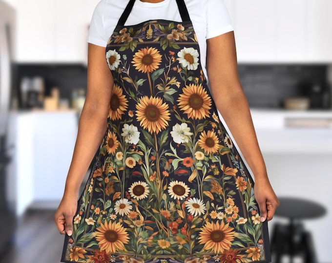 Sunflower Apron, Cottagecore Kitchen Apron For Wildflower Lovers, Floral Kitchen Gift for Mom or Grandma, Artist Painter Crafter Apron