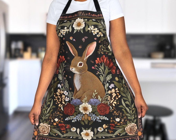Cottagecore Bunny Apron – Floral Rabbit Kitchen Apron with Wildflowers, Cute Animal Cooking Gift, Woodland Farmhouse Easter Apron