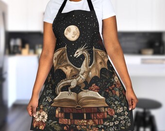 Bookish Dragon Apron, Fantasy Reader Kitchen Gift, Witchy Dark Cottagecore Cooking Apron, Gift for Book Lover