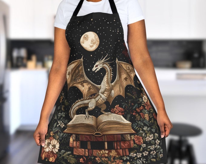 Bookish Dragon Apron, Fantasy Reader Kitchen Gift, Witchy Dark Cottagecore Cooking Apron, Gift for Book Lover