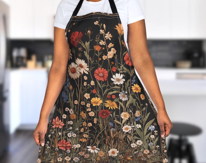 Dark Floral Apron – Cottagecore Kitchen Apron with Vintage Meadow Flowers, Rustic Wildflower Garden Gift, Botanical Cooking Apron for Her