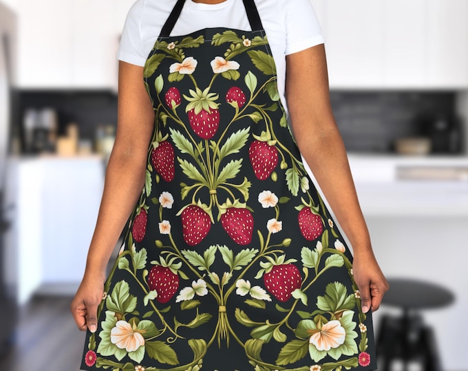 Strawberry Kitchen Apron - Cottagecore Berries Apron, Vintage Floral Fruit Kitchen Gift, Gardencore Decor for Strawberry Lovers