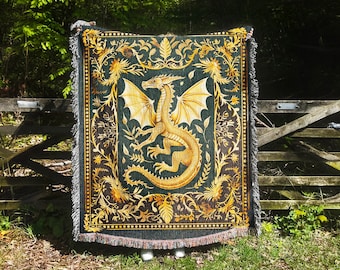 Medieval Dragon Blanket, Dragon Lover Gift, Fairytale Inspired Decor, Nursery Cottagecore Woven Throw, Fairycore Gift Blanket for Her