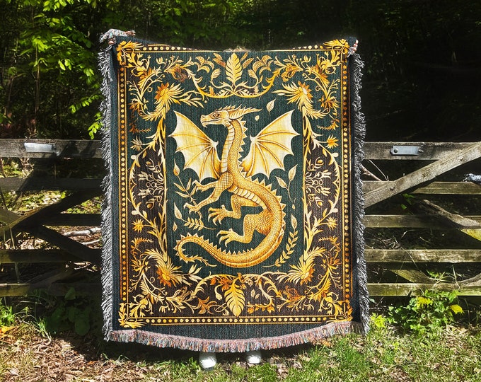 Medieval Dragon Blanket, Dragon Lover Gift, Fairytale Inspired Decor, Nursery Cottagecore Woven Throw, Fairycore Gift Blanket for Her