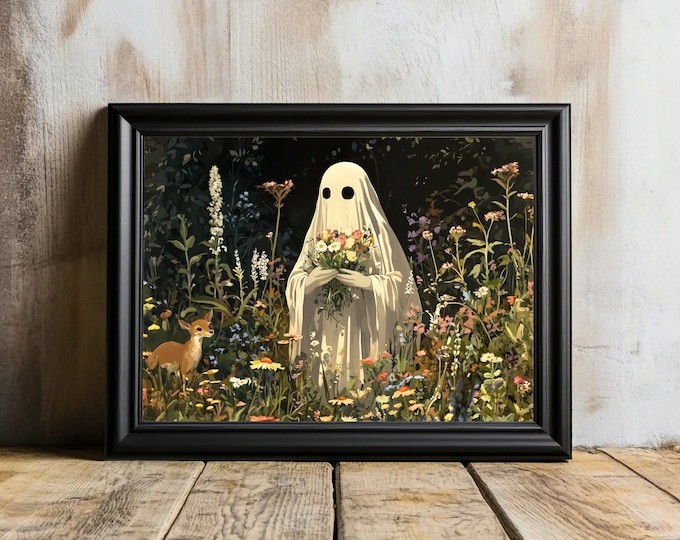 Witchy Halloween Ghost Art Print, Spooky Cottagecore Decor (Digital Download)