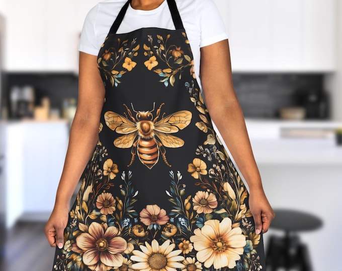 Floral Bee Apron, Cottagecore Kitchen Apron For Honeybee Lovers, Wildflower Kitchen Gift for Mom or Grandma, Artist Painter Crafter Apron