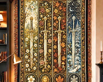 Medieval Sword Woven Blanket | Fantasy Tapestry Throw | Four Seasons Decor