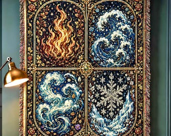 Elemental Woven Blanket, Whimisigoth Medieval Tapestry, Celestial and Spiritual Home Decor