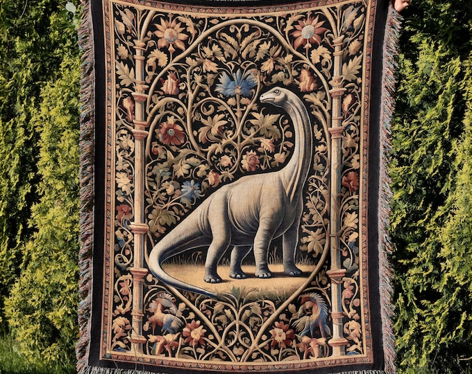 Brontosaurus Medieval Woven Blanket, Cottagecore Throw and Tapestry Decor for Dinosaur Lovers