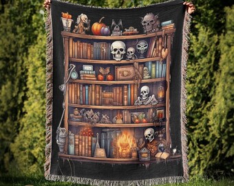 Heksen boekenplank geweven deken, Halloween Spooky throw deken, Dark Academia, Witchy deken decor, Dark Cottagecore esthetisch, mystiek
