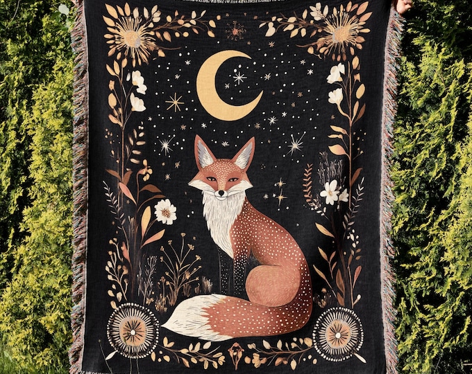 Fox Woven Blanket, Moon and Fox Kids Room Decor, Retro Fox Lover Gift Throw