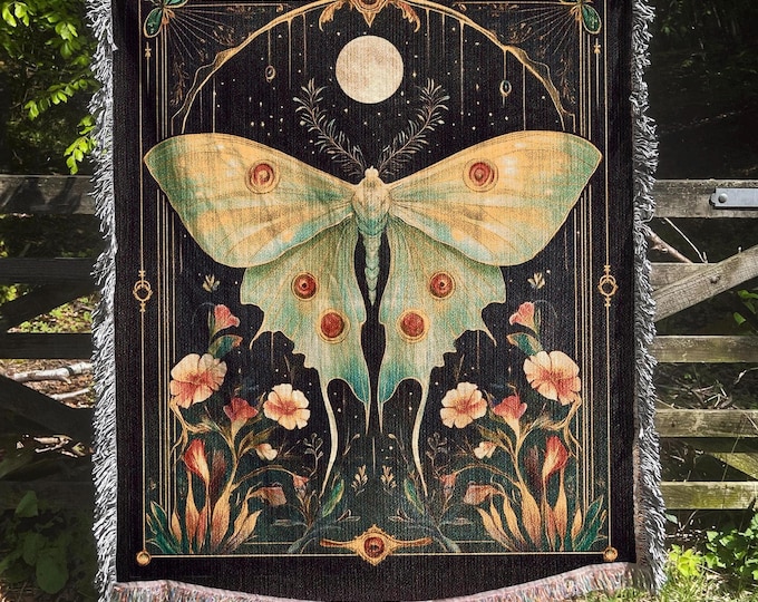 Woven Luna Moth Blanket, Celestial Moon Cottagecore Tapestry, 100% Cotton Fringed Throw