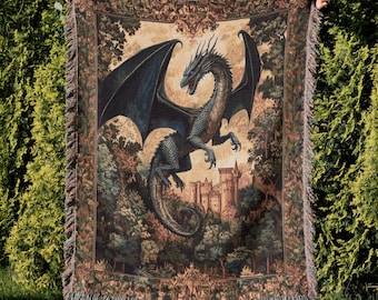 Medieval Dragon Blanket, Fantasy Dragon Lover Gift, Gothic Fairytale Inspired Decor, Cottagecore Woven Throw