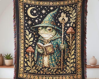 Wizard Frog Woven Blanket, Medieval Fantasy Tapestry Throw, 100% Cotton Decor
