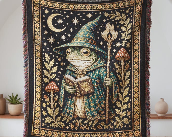 Wizard Frog Woven Blanket, Medieval Fantasy Tapestry Throw, 100% Cotton Decor