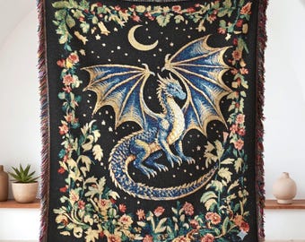 Dragon Woven Blanket, Celestial Dragon Kids Room Decor, Retro Fantasy Lover Gift Throw