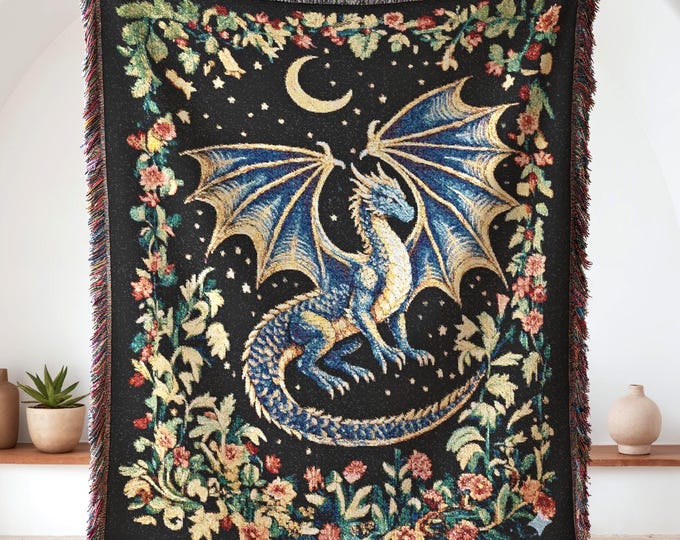 Dragon Woven Blanket, Celestial Dragon Kids Room Decor, Retro Fantasy Lover Gift Throw