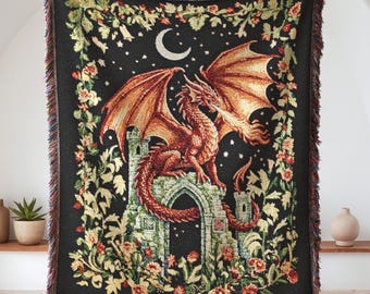 Dragon Woven Blanket, Celestial Dragon Kids Room Decor, Retro Fantasy Lover Gift Throw