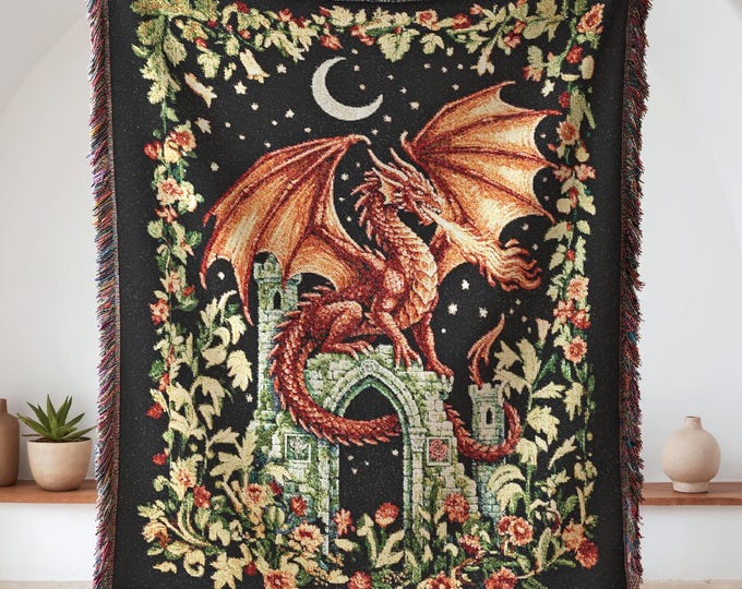 Dragon Woven Blanket, Celestial Dragon Kids Room Decor, Retro Fantasy Lover Gift Throw