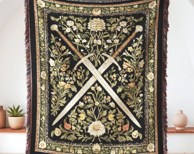 Medieval Sword Tapestry Blanket: Woven Floral Gothic Wall Art and Fantasy Decor Gift for DnD Lovers