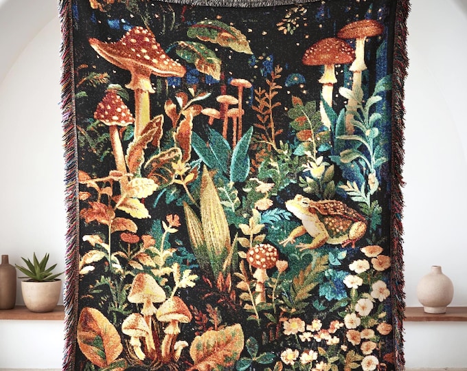 Retro Botanical Mushroom Frog Woven Blanket, Cottagecore Fantasy Home Decor, Vintage Fairycore Throw