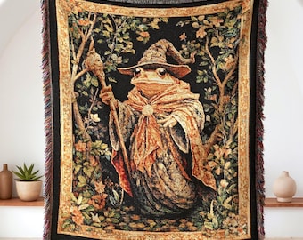 Wizard Frog Woven Blanket - Medieval Botanical Tapestry Throw and Cottagecore Fantasy Decor Gift for Frog Lovers