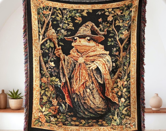 Wizard Frog Woven Blanket, Medieval Fantasy Throw, Cottagecore Cotton Decor