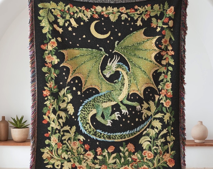 Dragon Woven Blanket, Celestial Dragon Kids Room Decor, Retro Fantasy Lover Gift Throw