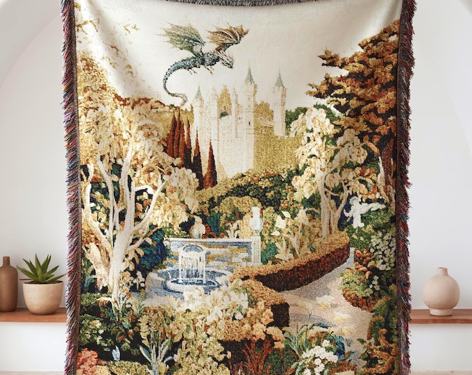 Medieval Garden Tapestry Blanket, Castle and Dragon Woven Throw, Dark Cottagecore Fantasy Wall Decor, Gift for Dragon Lovers