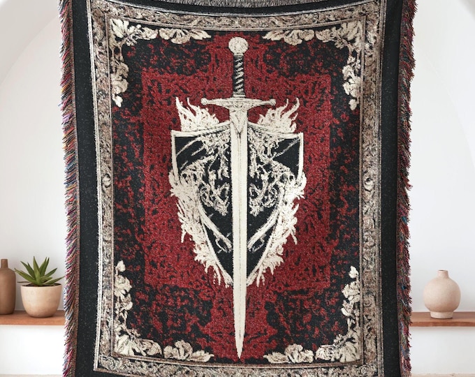 Woven Cotton Medieval Sword Tapestry Blanket, Gothic Floral Warrior Throw