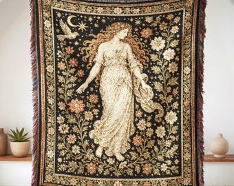 Aphrodite Woven Blanket, Greek Goddess Throw, Antique Floral Cotton Tapestry Blanket, Romantic Cottagecore Decor