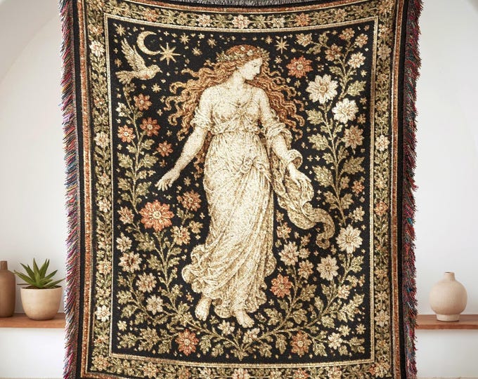 Aphrodite Woven Blanket, Greek Goddess Throw, Antique Floral Cotton Tapestry Blanket, Romantic Cottagecore Decor