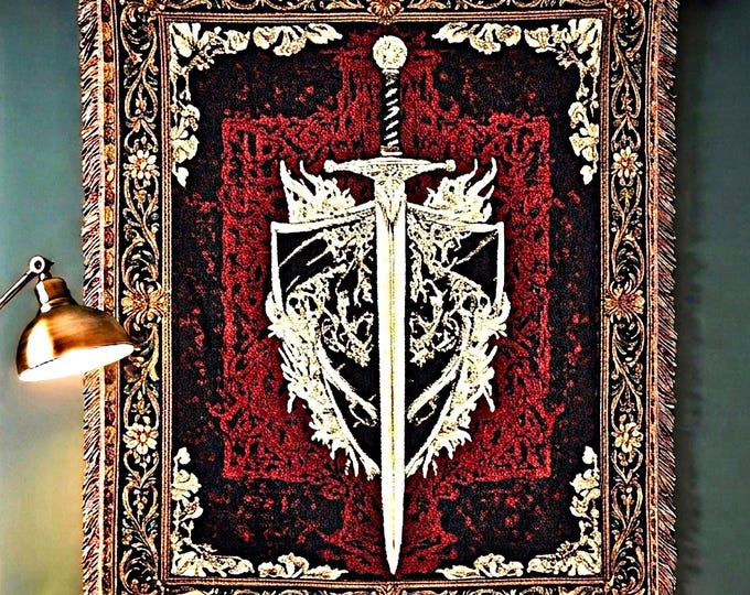 Woven Cotton Medieval Sword Tapestry Blanket, Gothic Floral Warrior Throw