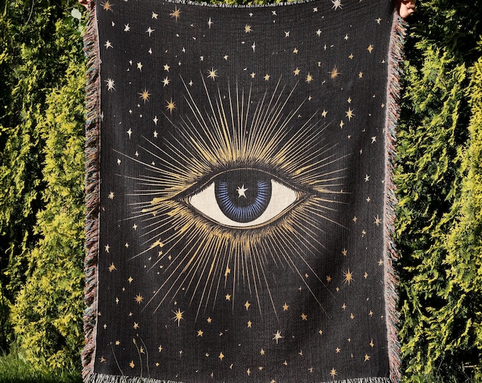 Mystical Evil Eye Woven Blanket, Stars and Cosmic Protection Throw, Occult and Witchcraft-Inspired Gift
