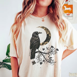 Celestial Raven Comfort Colors Shirt, Floral Moon and Raven Lover Gift, Crowcore Witchy Whimsigoth Tee, Dark Academia Goblincore T-Shirt