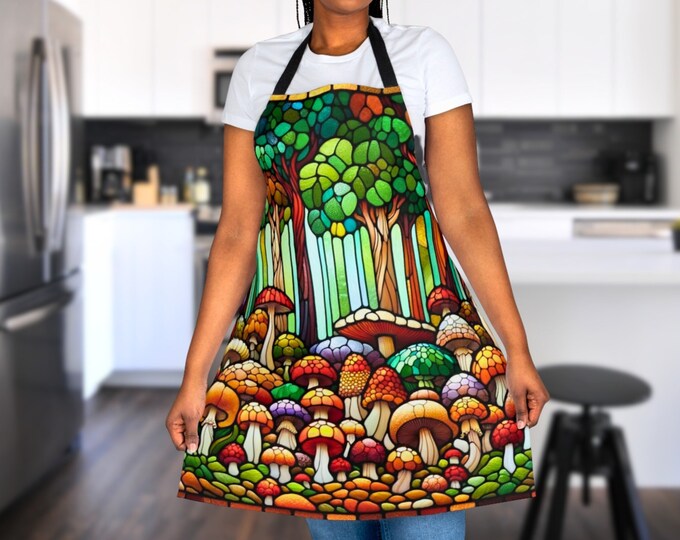 Mushroom Forest Apron, Stained Glass Look, Cottagecore Kitchen