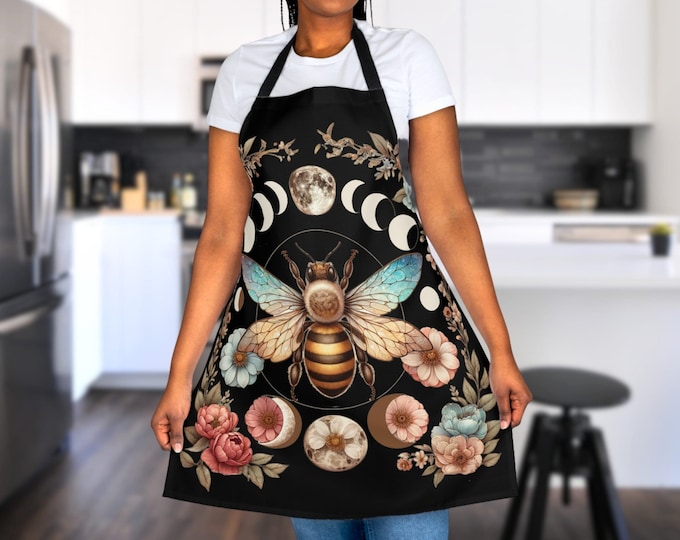 Cottagecore Bee Apron, Moon Phases Honeybee Apron, Gift for Mom Grandma, Artist Painter Crafter Apron, Dark Academia Gift, For Bee Lover