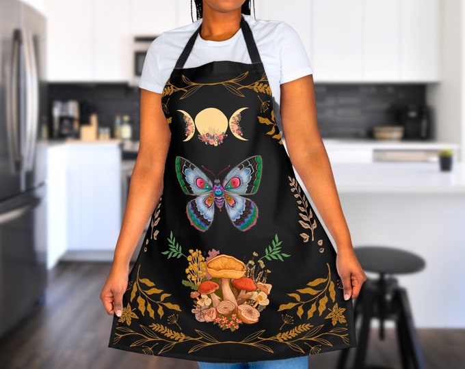 Cottagecore Mushroom Moth Apron, Celestial Moon Phases, Artist Gift