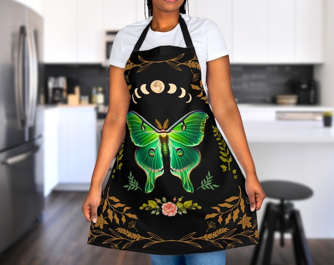 Luna Moth Apron – Green Moth Kitchen Apron with Moon Phases and Botanical Accents, Witchy Cottagecore Cooking Gift, Mystical Nature Apron
