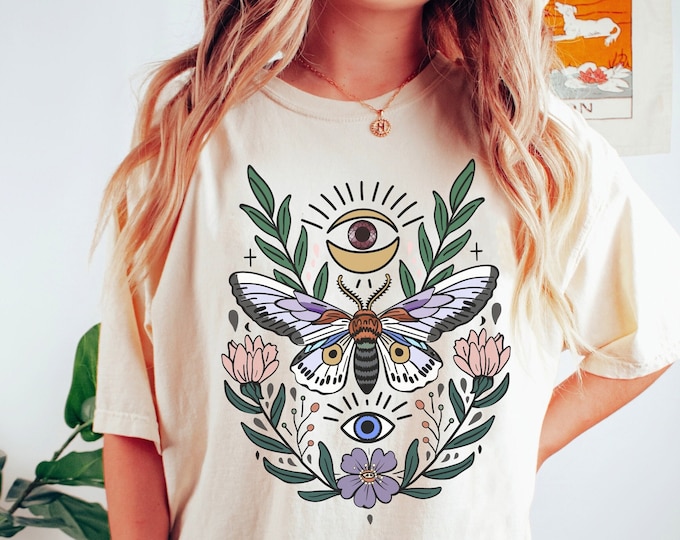 Celestial Moth Comfort Colors T-Shirt, Cottagecore Astrology Tee