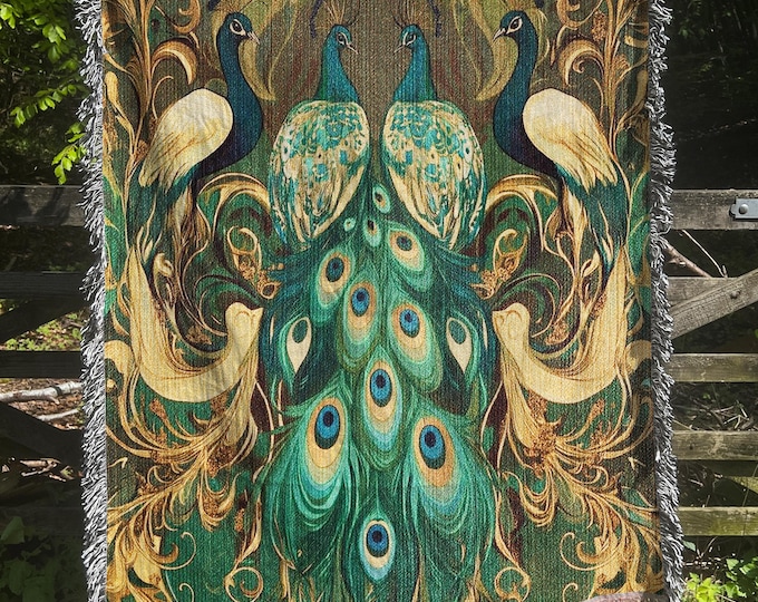 Art Nouveau Peacock Tapestry Blanket, Peacocks & Exotic Birds, Vintage-Inspired French Decor Throw Blanket, Elegant Home Decor Gift