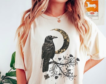 Celestial Raven Moon Comfort Colors T-Shirt, Whimsigoth Crowcore Tee