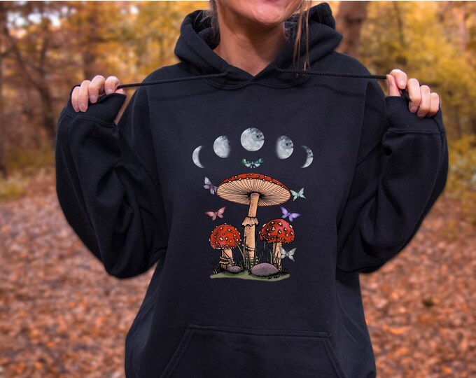 Moon Phase Mushroom Hoodie, Celestial Cottagecore Sweatshirt