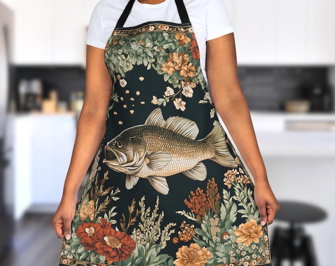Largemouth Bass Apron – Rustic Fishing Kitchen Apron with Dark Floral Border, Cottagecore Cabin Gift for Fishermen, Dads, and Nature Lovers