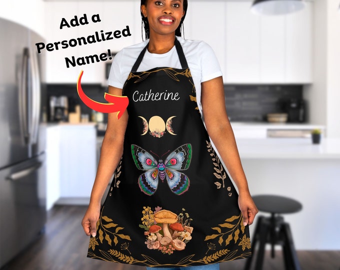 Personalized Cottagecore Apron, Custom Mushroom Apron, Moon Phases Moth Apron, Kitchen Gift for Mom Grandma, Artist Painter Crafter Apron