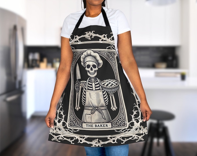 Skeleton Baker Tarot Apron, Witchy Kitchen Gift, Unisex Gothic Spooky Artist Painter Crafter Apron, Tarot Baking Lover Cooking Apron
