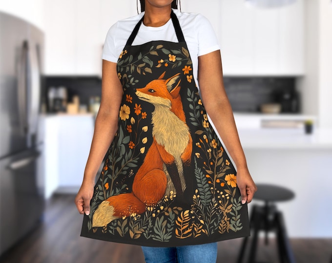 Cottagecore Floral Fox Apron, Kitchen Apron For Fox Lovers, Witchy Kitchen Gift for Mom Grandma, Artist Painter Crafter Apron