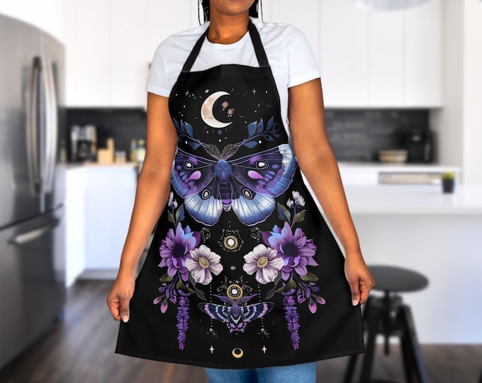 Cottagecore Moon Apron, Celestial Kitchen Gift, Botanical Plants, Floral Artist Painter Crafter Apron for Mom Grandma, Unique Cooking Apron
