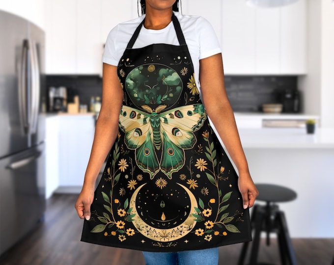 Cottagecore Apron, Botanical Luna Moth, Celestial Kitchen Gift